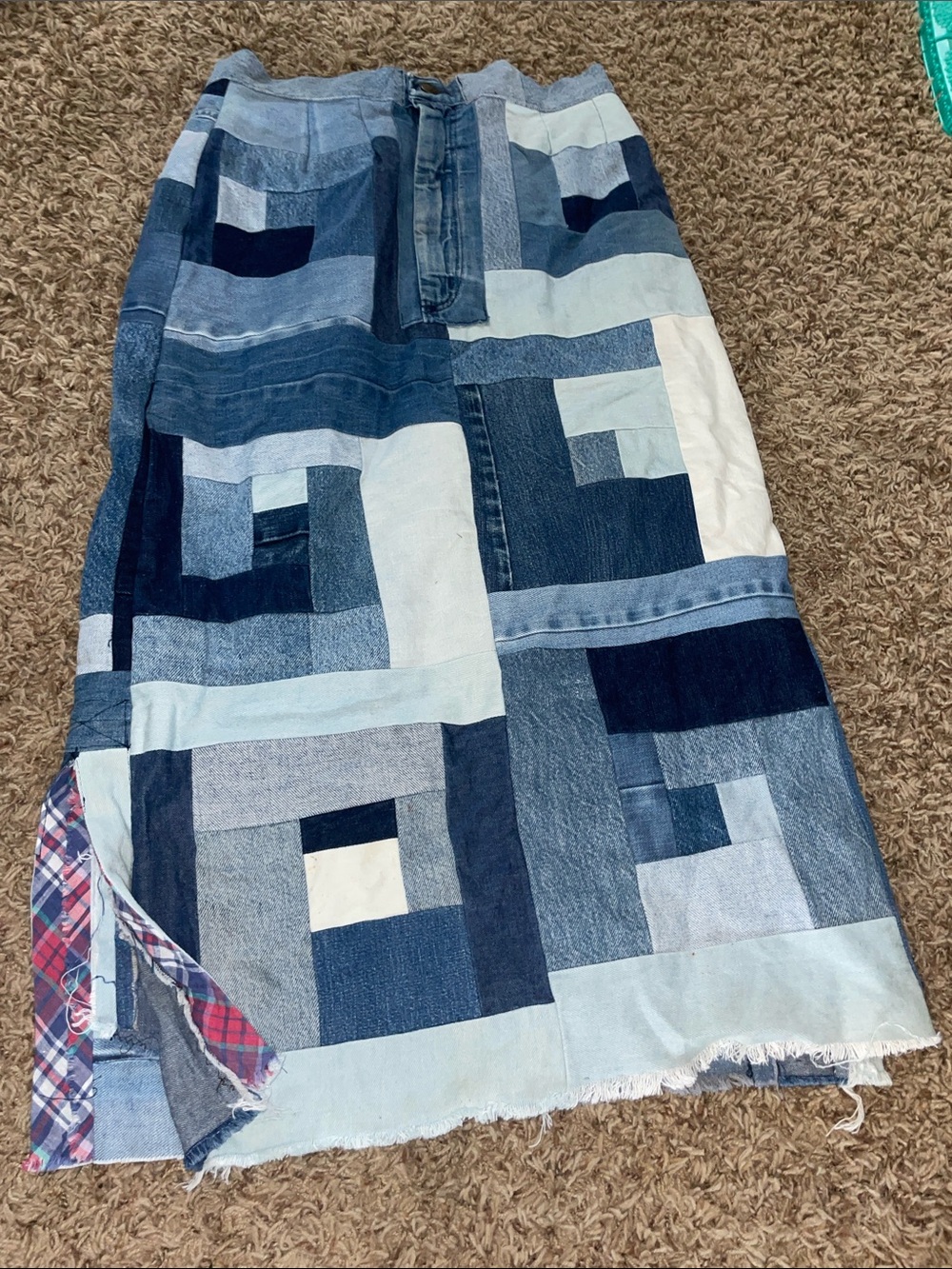 Patchwork Handmade Denim Midi Skirt in Mixed Blue Tones one of a kind
